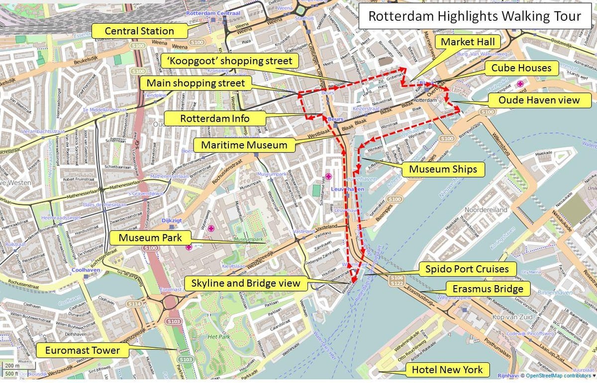 Mappa di Rotterdam tour a piedi 